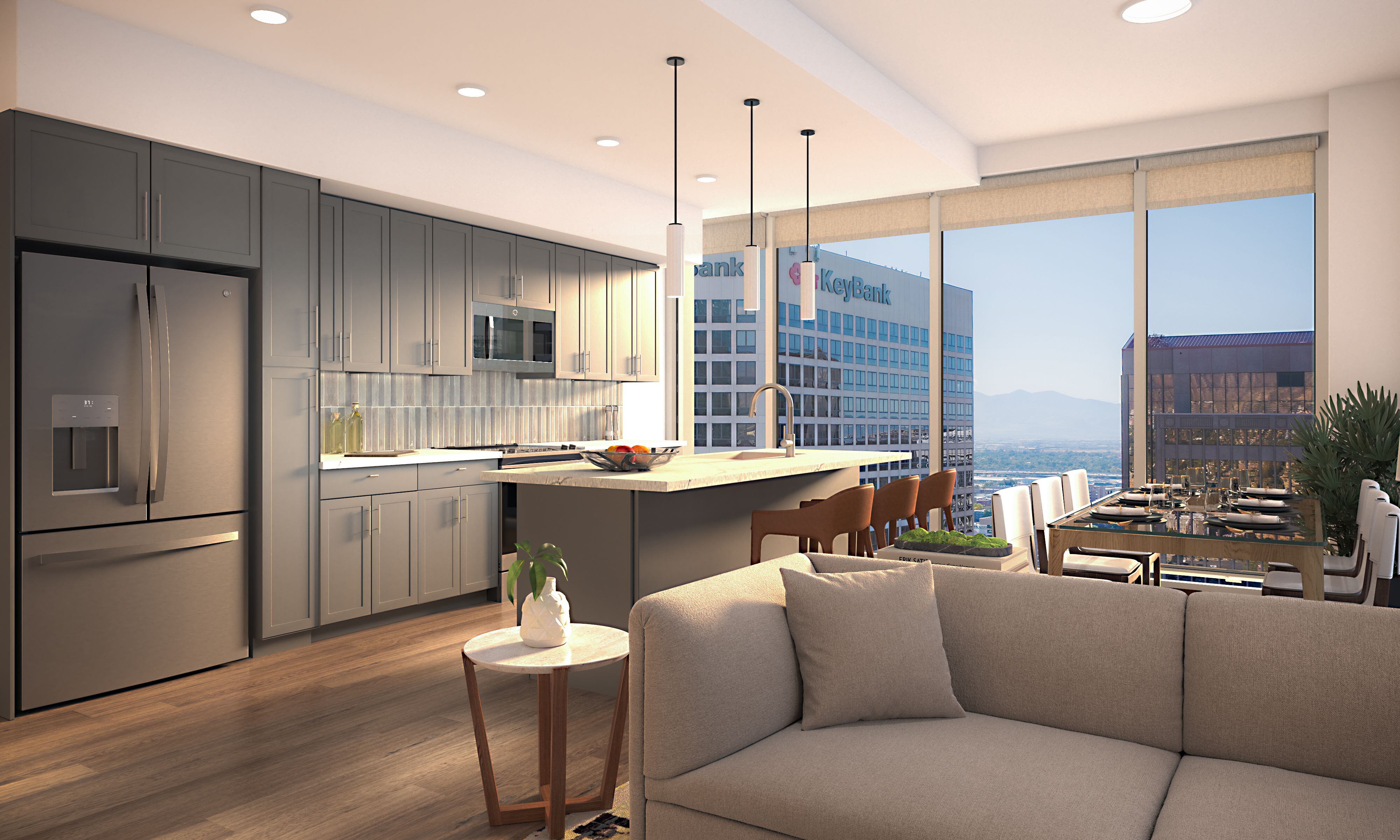 (Hines) Rendering of a one-bedroom dwelling among the 217 luxury apartments planned inside South Temple Tower, part of an office-to-residential remake of 136 E. South Temple in Salt Lake City.