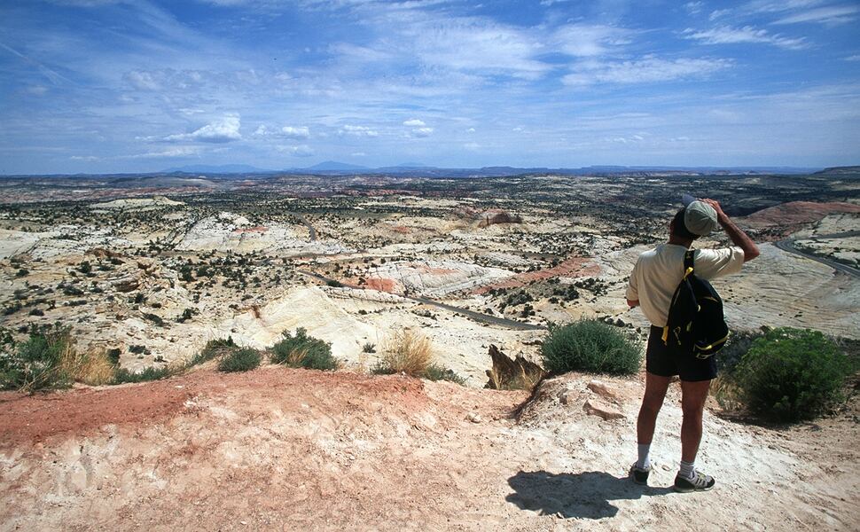 (Al Hartmann | Tribune File Photo) Tourist scratches his head at the immensity of the view of the Escalante Canyons from Highway 12. It's just a small part of the monster Escalante-Grandstaircase Monument.