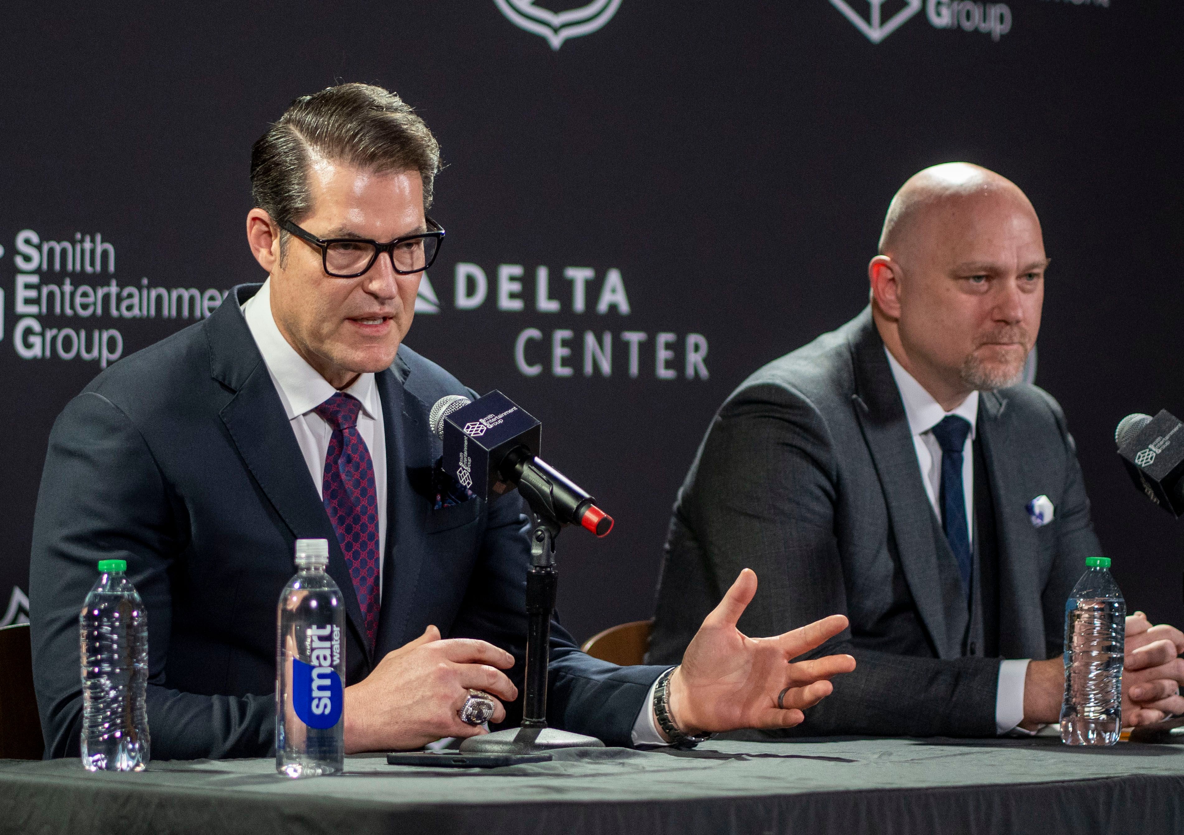 (Rick Egan | The Salt Lake Tribune) Utah NHL team general manager Bill Armstrong, left, and head coach André Tourigny answer questions during a news conference at the Delta Center on Wednesday, April 24, 2024.