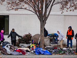 (Francisco Kjolseth | The Salt Lake Tribune) A homeless camp is cleared out in front of the Fourth Street Clinic in downtown Salt Lake City on Wednesday, Feb. 15, 2023. 