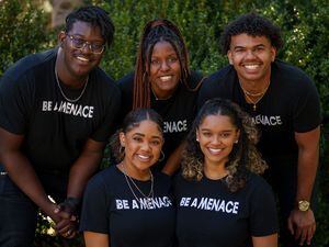(Trent Nelson | The Salt Lake Tribune) The Black Menaces have been filming TikTok videos addressing racism at Brigham Young University in Provo. On Friday, April 8, 2022 they smiled for a photo. Starting from the top, from left to right, are members Nate Byrd, Kennethia Dorsey and Sebastian Stewart-Johnson. At the bottom are members, from left, are members Rachel Weaver and Kylee Shepherd.