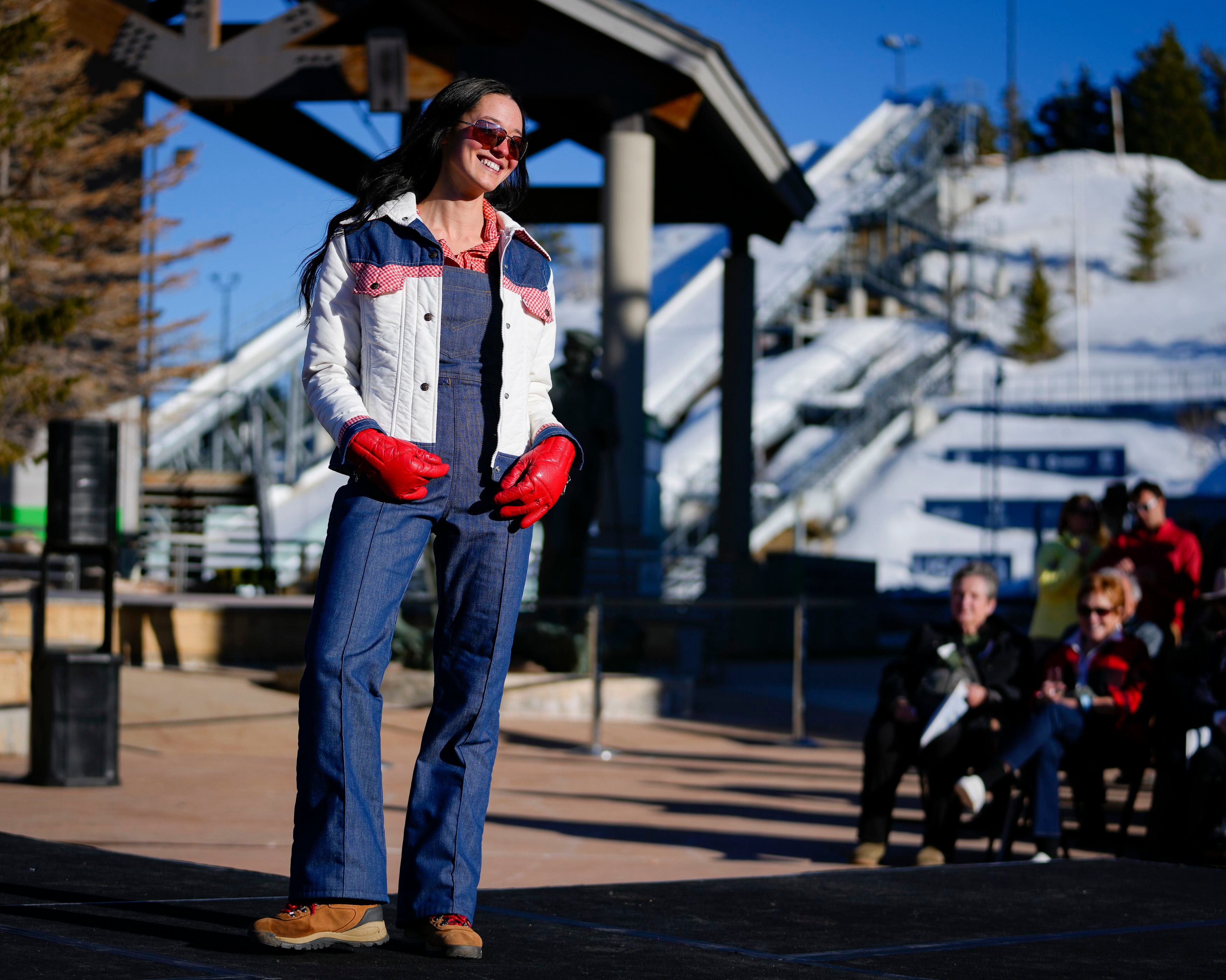 (Bethany Baker  |  The Salt Lake Tribune) A model shows off a ski outfit design from Levi during the Vintage Skiwear Fashion Show at the Alf Engen Museum at Utah Olympic Park in Park City on Wednesday, March 20, 2024.