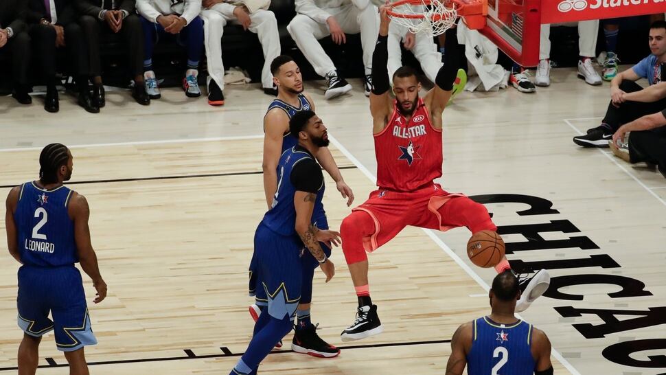 Rudy Gobert of the Utah Jazz dunks during the second half of the NBA All-Star basketball game Sunday, Feb. 16, 2020, in Chicago. (AP Photo/David Banks)