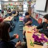 (Leah Hogsten | The Salt Lake Tribune) North Layton Junior High School Latinos in Action students from left, Madelyn Magana, Braedyn Martinez and Jonnathan Chavarria cut paper circles, Oct. 6, 2022, while making marigold flowers for the school's Dia De Los Muertos Celebration scheduled for Nov. 2, 2022. The eight State Board of Education seats up for election this year represent areas of the state that include many Hispanic and Latino children.