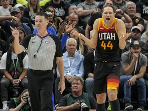 (Leah Hogsten | The Salt Lake Tribune)  Utah Jazz forward Bojan Bogdanovic (44) disputes a call during Game 6 of the 2022 NBA first-round playoff series against the Dallas Mavericks, Thursday, April 28, 2022, in Salt Lake City.