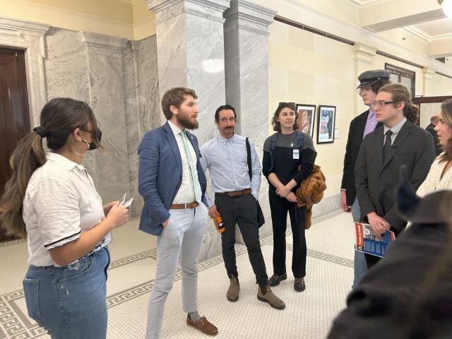(Lisa Mountain) Utah State Sen. Nate Blouin, second from left, talks with members of the Youth Coalition for Great Salt Lake, during "Youth Lobby Day" during the 2024 session of the Utah Legislature.