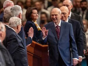 (Rick Egan | The Salt Lake Tribune) President Russel M. Nelson arrives for the morning session of General Conference on Saturday, April 2, 2022.