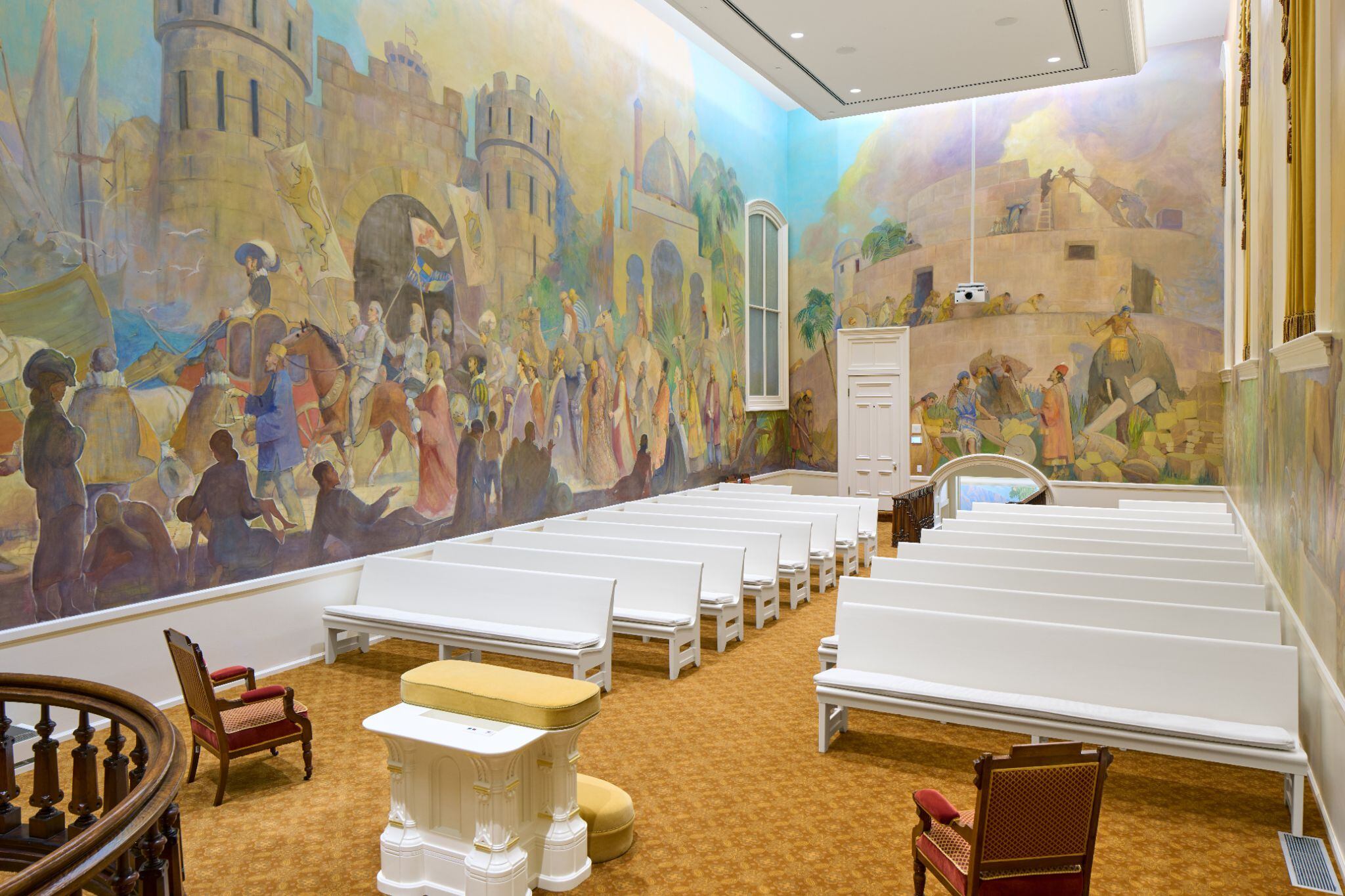 (The Church of Jesus Christ of Latter-day Saints) Ordinance room in the renovated Manti Temple displays the restored and brightened Minerva Teichert murals.