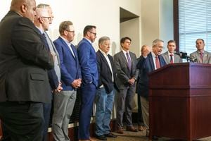 (Leah Hogsten | The Salt Lake Tribune)  Jeff Gray, at podium, a candidate for Utah County Attorney joined Utah County leaders and legislators during a press conference at the Captiol Tuesday, June 14, 2022, to discuss the need to replace the current Utah County incumbent Attorney David Leavitt.