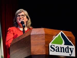 (Chris Samuels | The Salt Lake Tribune) Sandy Mayor Monica Zoltanski gives remarks after being sworn in as mayor of Sandy at Alta High School on Monday, Jan. 3, 2022.