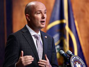 Gov. Spencer Cox holds his monthly news conference at PBS Utah in the Eccles Broadcast Center in Salt Lake City, Thursday, March 16, 2023.