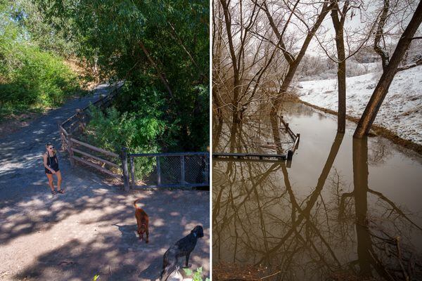 (The Salt Lake Tribune) Wasatch Hollow Preserve on July 29, left, and on March 30, right, when Emigration Creek flooded the park, which serves as a detention basin.