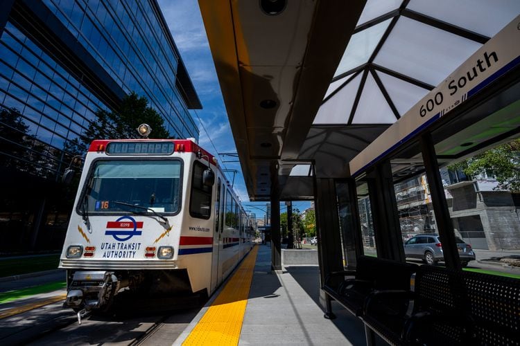 (Trent Nelson  |  The Salt Lake Tribune) The new TRAX station near the intersection of 600 South and Main Street in Salt Lake City on Tuesday, July 26, 2022.
