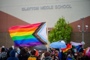 (Trent Nelson  |  The Salt Lake Tribune) Clayton Middle School students protested HB 11, which bans transgender students from competing in sports, in Salt Lake City on Friday, April 22, 2022.
