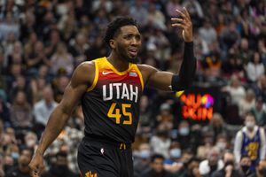 (Rick Egan | The Salt Lake Tribune) Utah Jazz guard Donovan Mitchell (45) reacts after a call by the official, in NBA action between the Utah Jazz and the Washington Wizards, at Vivint Arena on Saturday, Dec. 18, 2021.