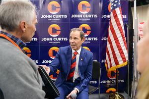 (Chris Samuels | The Salt Lake Tribune) U.S. Rep. John Curtis speaks with delegates at the Utah Republican Party nominating convention, Saturday, April 23, 2022 in Sandy. Curtis, along with Utah Reps. Blake Moore, Chris Stewart and Burgess Owens, voted on July 19, 2022, to approve a U.S. House resolution that would codify same-sex marriage in the United States.