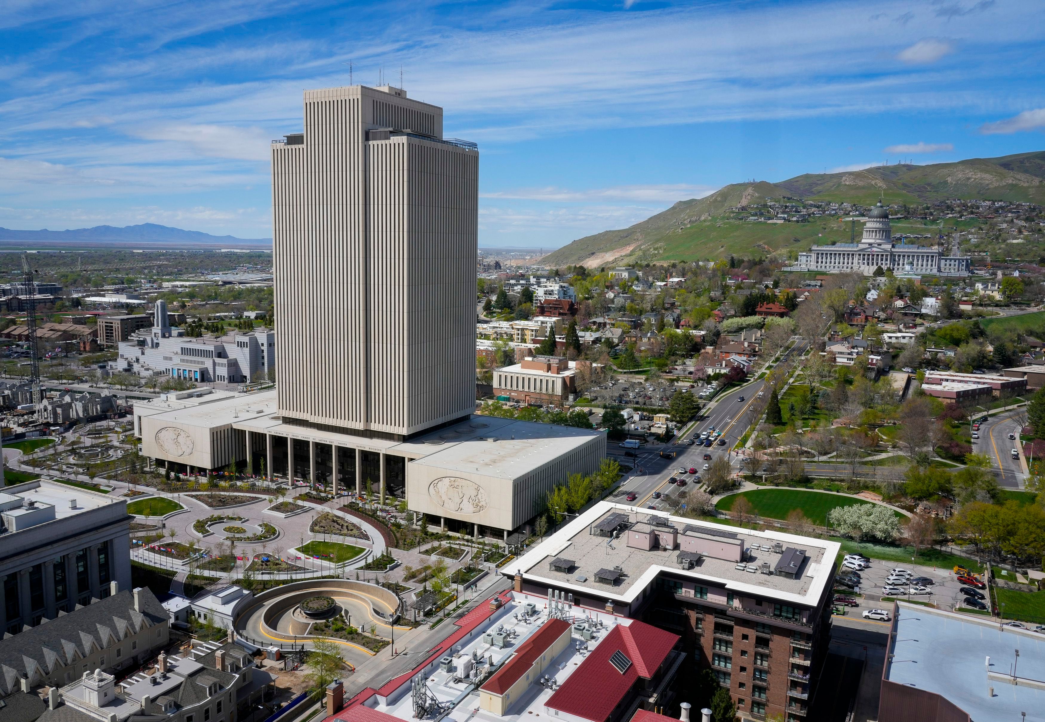 (Bethany Baker  |  The Salt Lake Tribune) The view from the new South Temple tower being converted into luxury apartments shows the Church Office Building and the Utah Capitol in Salt Lake City on Wednesday, April 17, 2024.