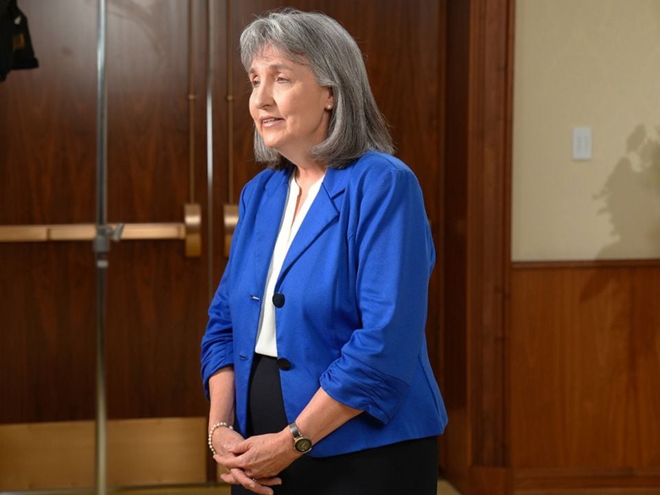 (The Church of Jesus Christ of Latter-day Saints) J. Anette Dennis, first counselor in the Relief Society General Presidency, speaks during the filming of a worldwide Relief Society devotional in the Relief Society Building in Salt Lake City on Thursday, Feb. 1, 2024. The devotional was broadcast Sunday, March 17, 2024 and sparked a social media firestorm over the role of women in the patriarchal faith.