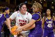 (Mic Smith | AP) Utah's Alissa Pili (35) fights for control of the basketball with LSU's Kateri Poole (55) during the first half of a Sweet 16 college basketball game of the women's NCAA Tournament in Greenville, S.C., Friday, March 24, 2023.
