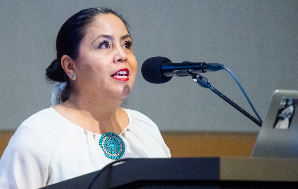 (Rick Egan  |  The Salt Lake Tribune)   Yolanda Francisco-Nez, Executive Director, Restoring Ancestral Winds, speaks about "Missing and Murdered Indigenous People in Utah" during a workshop at the Salt Lake City Library Auditorium, Monday, July 22, 2019.


