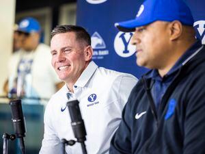 Former Weber State head coach Jay Hill is introduced as BYU's defensive coordinator. (Joey Garrison/BYU)