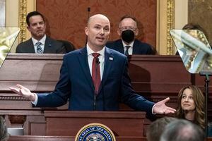 (Leah Hogsten | The Salt Lake Tribune) Gov. Spencer Cox delivers his 2022 State of the State address in the House Chamber of the Utah Capitol, Jan. 20, 2022. The state is spending $500,000 to upgrade security at Cox's home in Fairview.