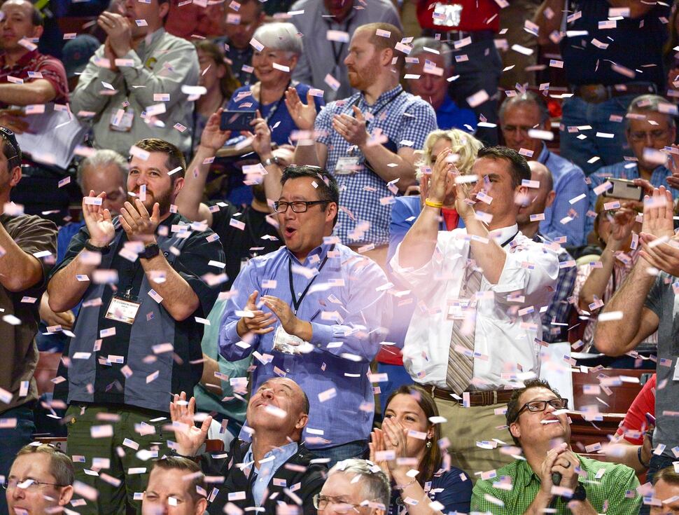 (Leah Hogsten | The Salt Lake Tribune) Utah delegates applaud for retiring Senator Orrin Hatch, who was honored at the Utah Republican Nominating Convention Saturday, April 21, 2018 at the Maverik Center. 