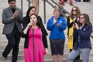 (Rick Egan | The Salt Lake Tribune) Rep. Angela Romero speaks at a rally, as more than one thousand protesters gather at the steps of The Capitol for the Bans Off Our Bodies protest hosted by Planned Parenthood, on Tuesday, May 3, 2022. Romero, D-Salt Lake City, said Wednesday, June 29, 2022, that she is proposing a bill removing penalties for physicians in Utah's abortion laws.