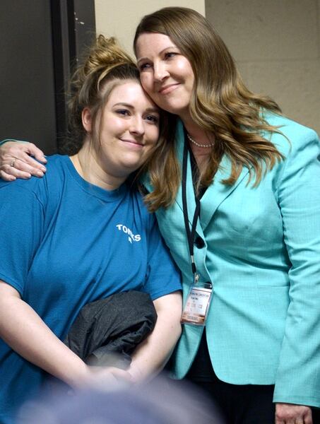 (Leah Hogsten | The Salt Lake Tribune) Utah Senate District 11 candidate Delaina Tonks hugs her daughter Amanda Jacox as the votes are tallied at the Utah Republican Nominating Convention Saturday, April 21, 2018 at the Maverik Center. 
