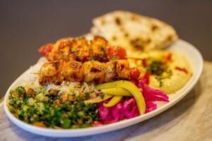 (Trent Nelson  |  Salt Lake Tribune file photo) The Laziz Mediterranean Platter with chicken (Tawook Skewers) Laziz Kitchen in Salt Lake City. Laziz is opening a second restaurant, with the same menu, in Midvale.