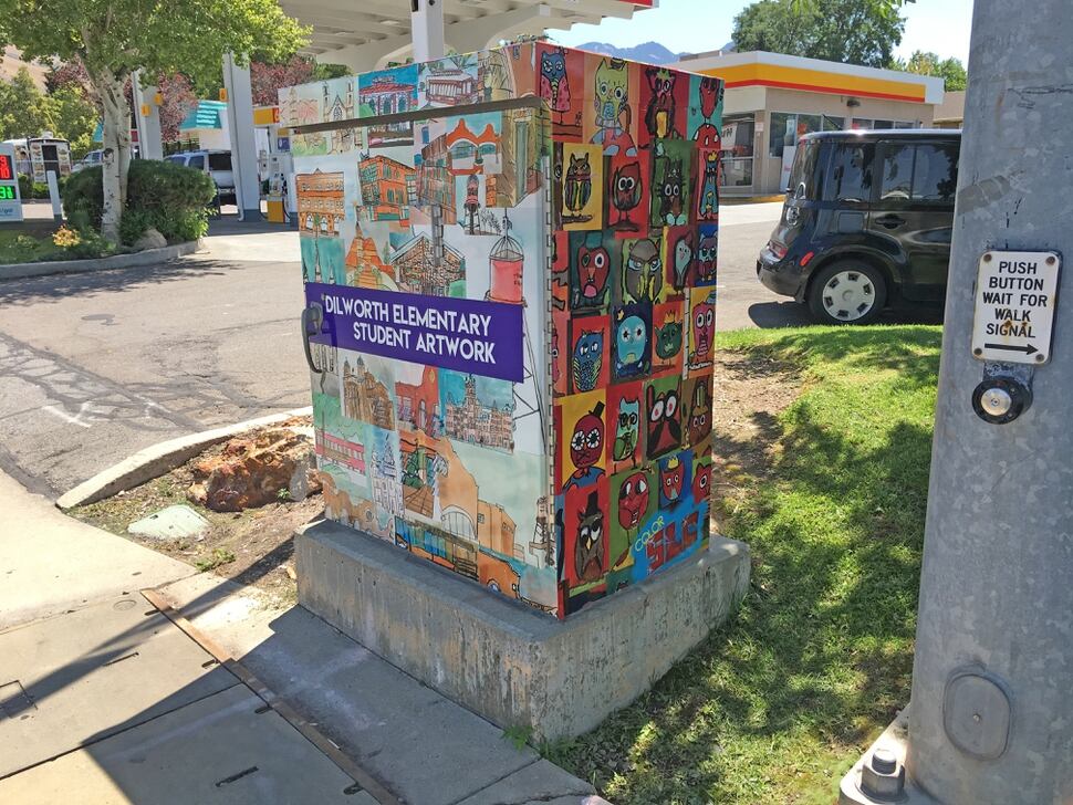(Photo courtesy Salt Lake City Mayor's Office) A utility box near Dilworth Elementary School in Salt Lake City, decorated with artwork by the school's students, as part of the city's ColorSLC program.