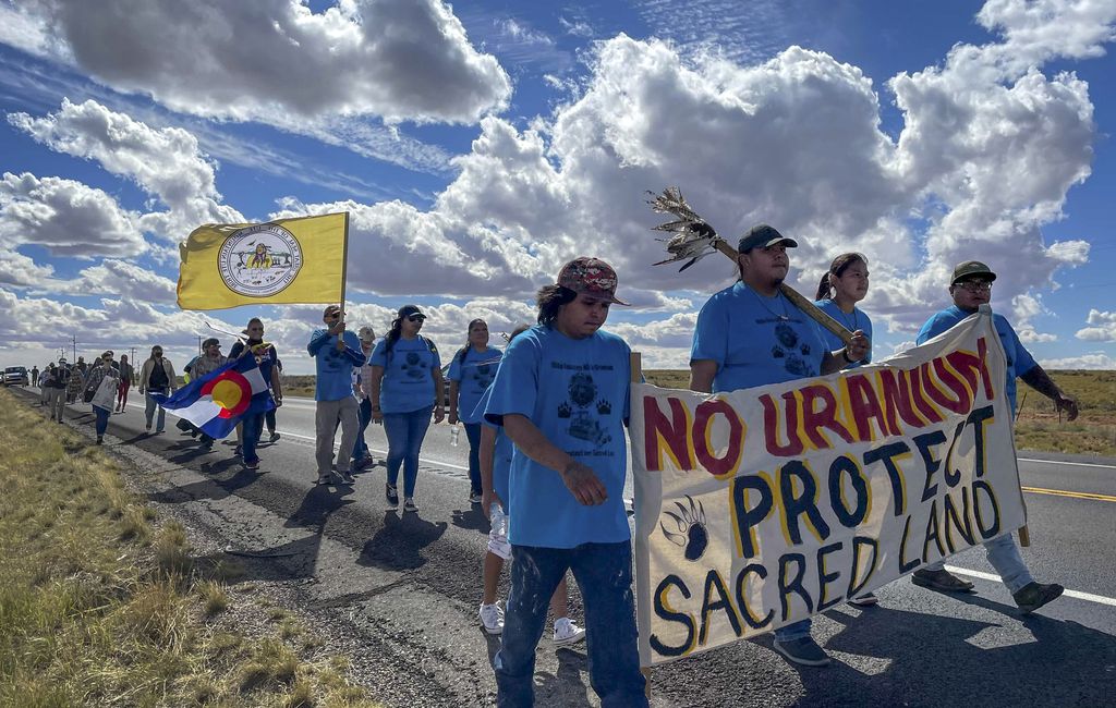 (Alastair Lee Bitsóí | The Salt Lake Tribune) White Mesa residents and anti-uranium activists march, pray and sing as part of the annual spiritual walk in protest of the White Mesa Mill, Oct. 9, 2021.