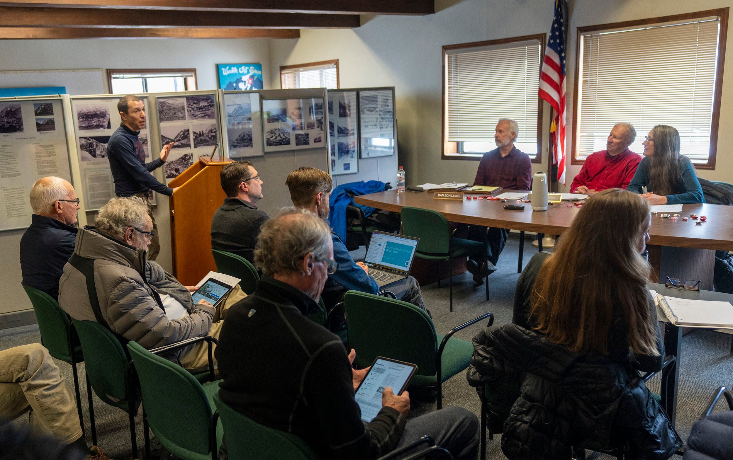 (Rick Egan | The Salt Lake Tribune) Alta Town Council member Dan Schilling, Mayor Roger Bourke and council member Carolyn Anctil listen to speakers during a meeting on Wednesday, Feb. 14, 2024.