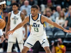 (Rick Egan | The Salt Lake Tribune) Utah guard Jared Butler (13) plays defense for the Jazz, in NBA action between the Utah Jazz and the Oklahoma City Thunder at Vivint Arena, on Wednesday, April 6, 2022.
