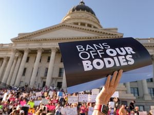 (Chris Samuels | The Salt Lake Tribune) People gather for a rally in defense of abortion rights at the Capitol after the U.S. Supreme Court overturned Roe v. Wade on Friday, June 24, 2022. According to a new national survey, 42% of Utahns “favor or strongly favor” the demise of the landmark ruling.