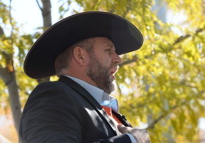 (Francisco Kjolseth  |  The Salt Lake Tribune)  Ammon Bundy speaks to supporters and the media on the case of convicted fraudster Rick Koerber as they gather ahead of his court sentencing in Salt Lake City at the Federal Courthouse on Tuesday, Oct. 15, 2019, ending a nearly two decade white collar crime saga.