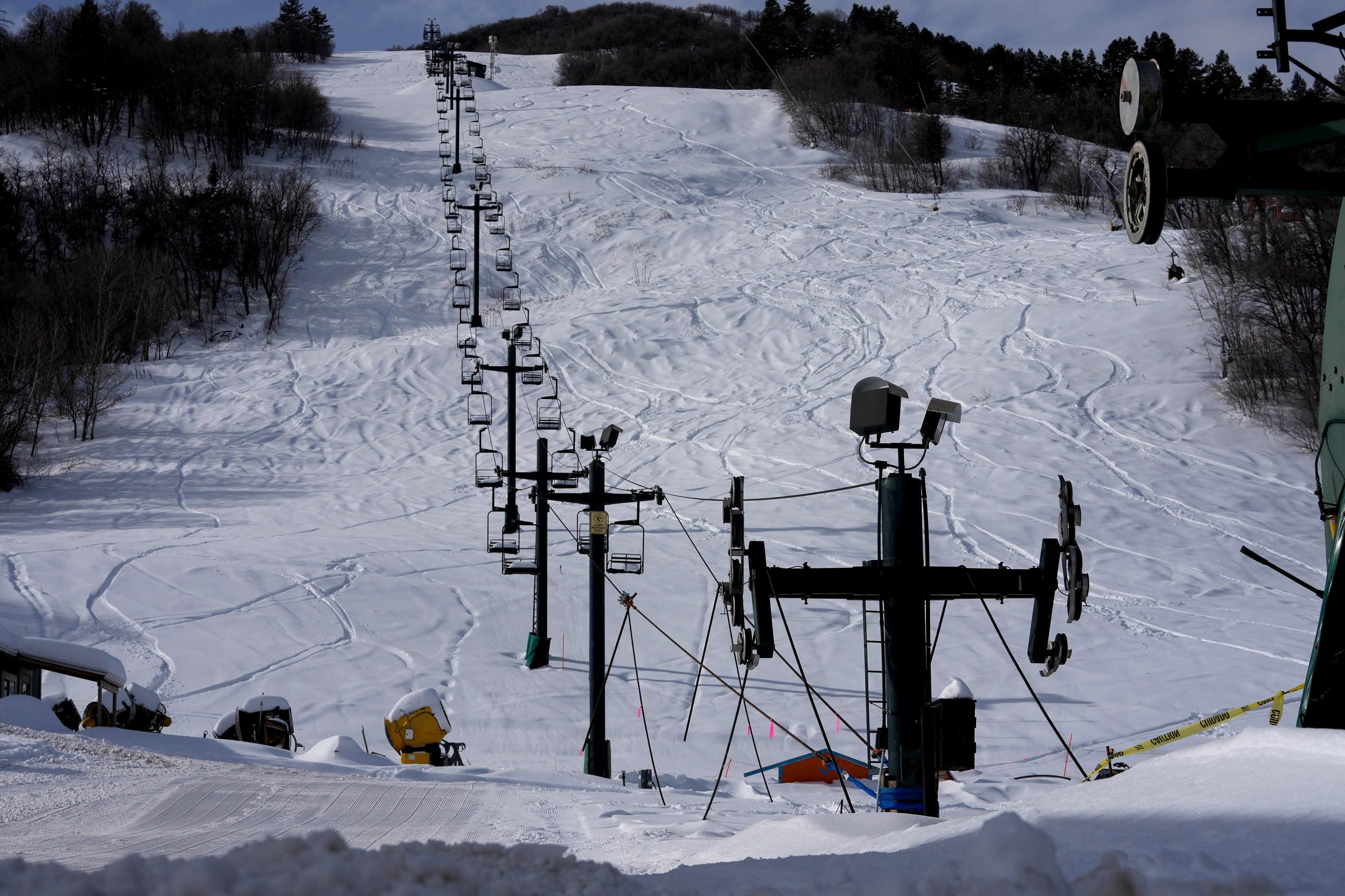 (Francisco Kjolseth | The Salt Lake Tribune) The Apollo lift at Nordic Valley Ski Resort in Weber County sits idle following complications with repairs on Friday, Jan. 19, 2024. The winter season has been a disastrous one at the quaint ski area following a slow start to the season and a fire that might render their lodge a total loss. 