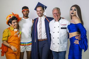 (Rick Egan | The Salt Lake Tribune)  Five LGBTQ+ heroes have been selected for the 2022 label for Five Husbands Vodka, from left: Madazon Can-Can, Bryce Jackson, Matt Easton, Chef Bryan Woolley and Christian Harvey aka "Hoe Shi Minh" , on Monday, May 16, 2022.