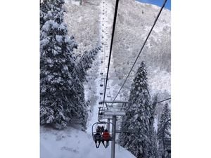 (Courtesy Photo) This submitted photograph shows a tree under heavy snow tipping toward the Short Cut lift at Park City Mountain Resort on Thursday, Dec. 29, 2022. A PCMR employee was killed Monday when he fell off his chair on the chairlift after a tree hit the cable.