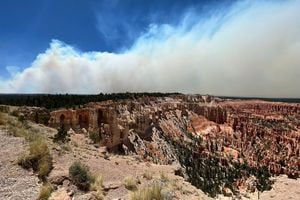 (Bryce Canyon National Park) Smoke from the Left Fork Fire can be seen from Bryce Canyon National Park last week. The blaze was 40% contained as of Tuesday, June 28, 2022.