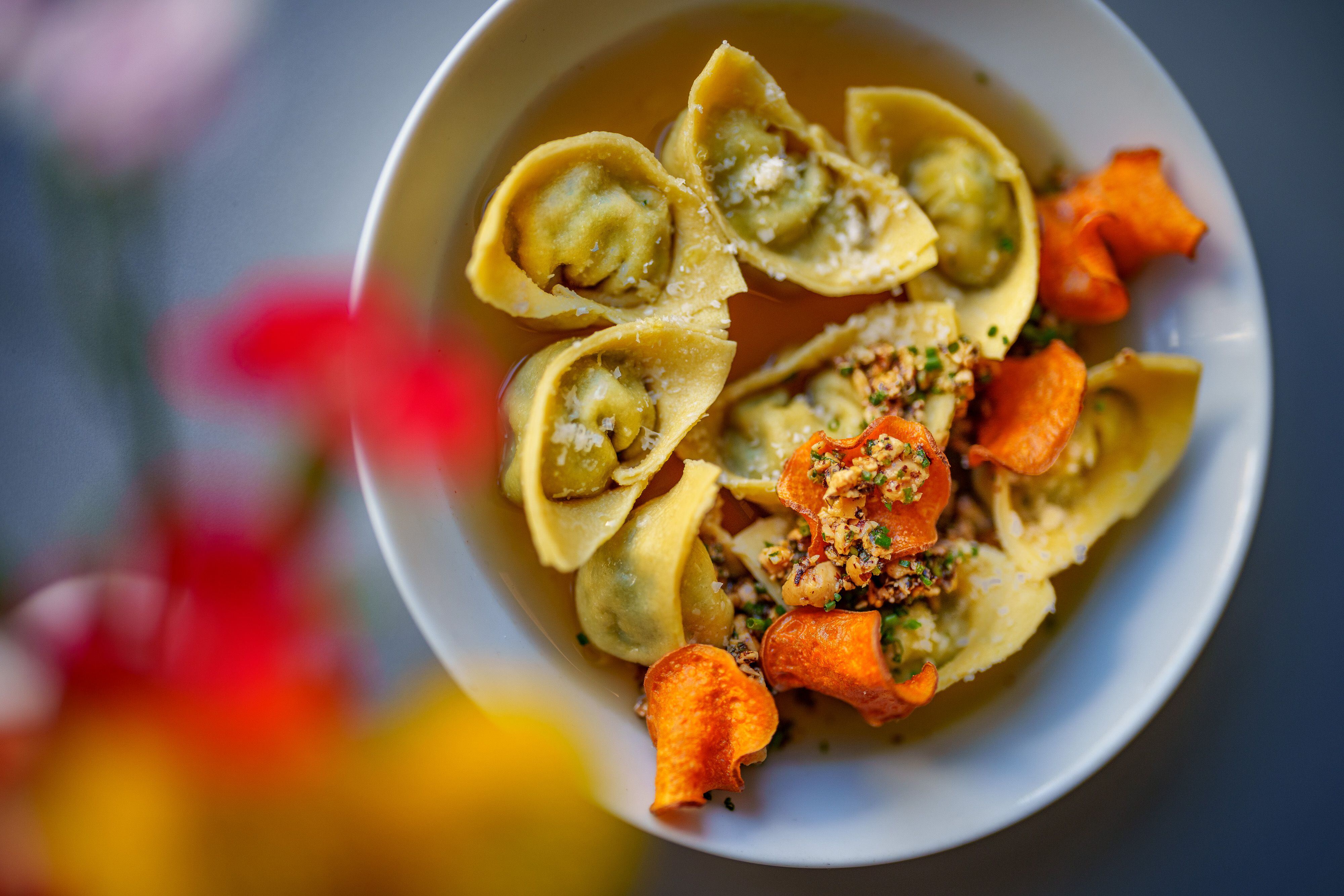 (Trent Nelson  |  The Salt Lake Tribune) Chicken tortellini at the Salt Lake City restaurant Arlo on Wednesday, April 3, 2024. The flour came from Central Milling, the eggs and chicken came from a local producer, the ricotta came from Rosehill Dairy, the herbs came from the restaurant's garden, and the mushrooms came from Intermountain Gourmet.