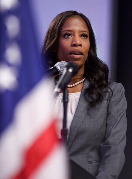 (Leah Hogsten | The Salt Lake Tribune) Mia Love, Representative for Utah's 4th Congressional District, addresses the delegates at the Utah Republican Nominating Convention Saturday, April 21, 2018 at the Maverik Center. 