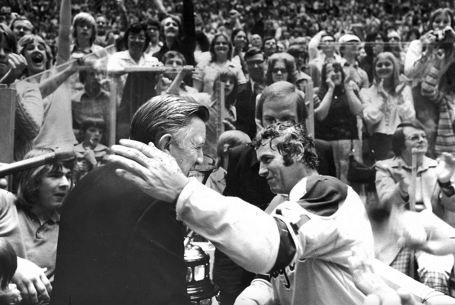 (Brian Acord) Salt Lake Golden Eagles star Lyle Bradley celebrates at the Salt Palace on May 5, 1975.