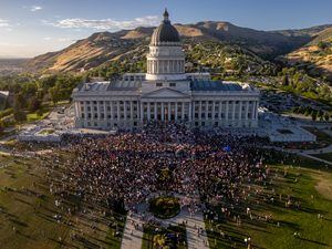(Trent Nelson  |  The Salt Lake Tribune) People gather at the State Capitol in Salt Lake City to protest after the U.S. Supreme Court overruled Roe v. Wade, on Friday, June 24, 2022.