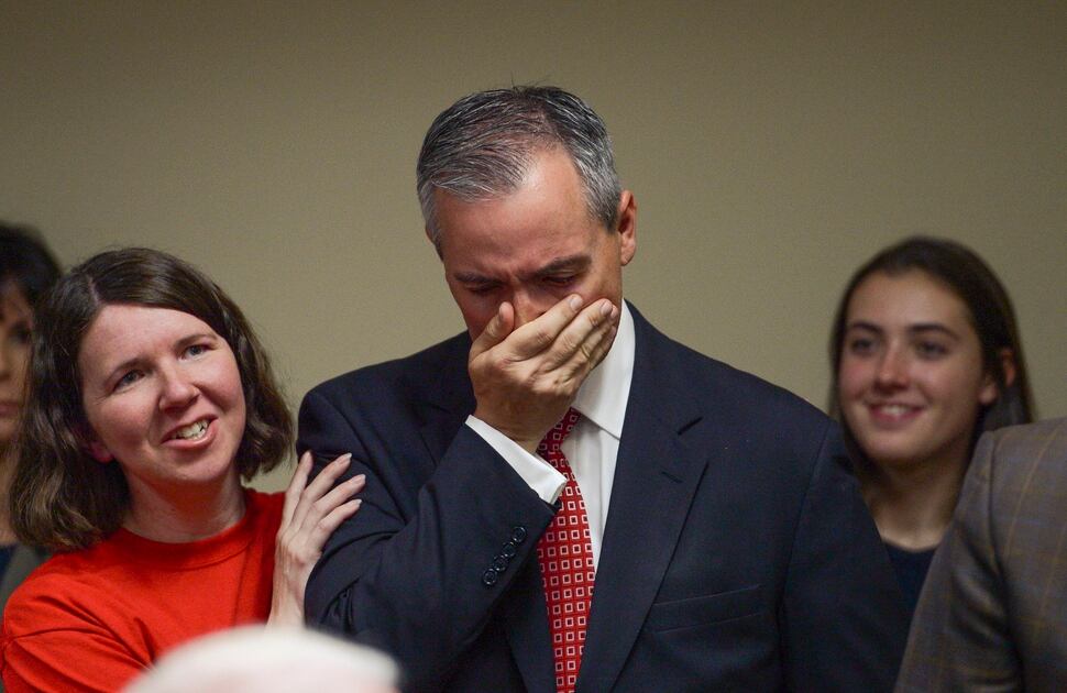 (Leah Hogsten | The Salt Lake Tribune) Senate District 11 candidate, Rep. Dan McCay, R-Riverton, shed a few tears after finding out that he won the party nomination outright at the Utah Republican Convention Saturday, April 21, 2018 at the Maverik Center.