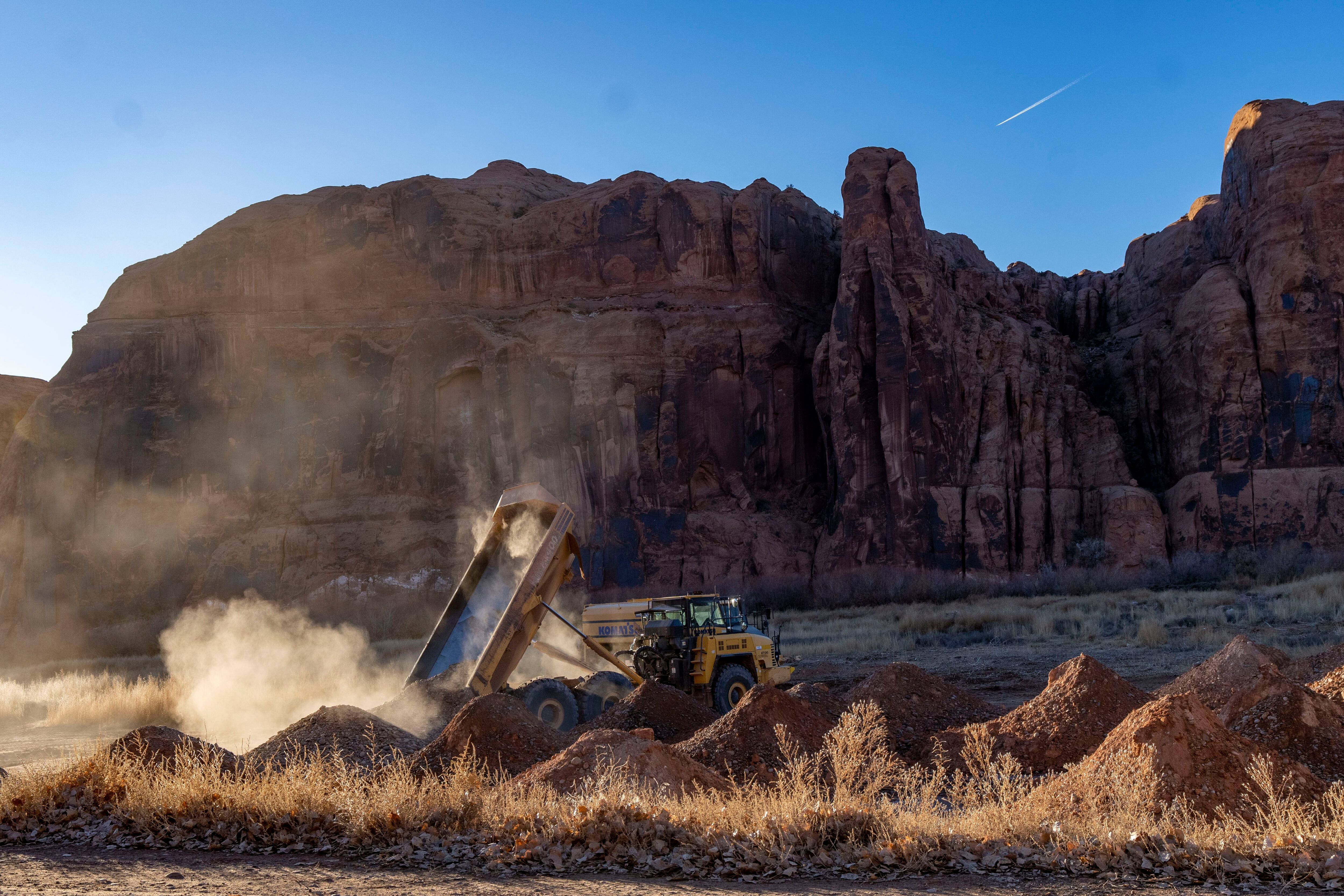 (Rick Egan | The Salt Lake Tribune) Construction on the Colorado River on the site of that was previously the Kane Creek Campground near Moab, Tuesday, Jan. 30, 2024.
