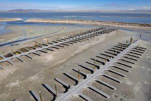 (Francisco Kjolseth | The Salt Lake Tribune) The boat marina on Antelope Island is rendered inoperable as The Great Salt Lake continues to shrink as seen on Tuesday, March 15, 2022. 