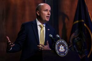 (Laura Seitz | Pool) Gov. Spencer Cox speaks during the PBS Utah governor's monthly news conference at the Eccles Broadcast Center in Salt Lake City on Thursday, April 21, 2022.