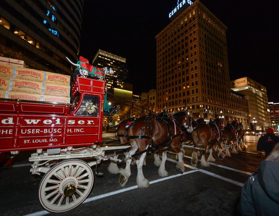 (Francisco Kjolseth | The Salt Lake Tribune) Budweiser’s iconic Clydesdales make a special trip to Utah to celebrate the changing beer laws in the state, joined by a “ghoulish group of pallbearers,” on Wed. Oct. 30, 2019, for a funeral procession for Utah’s last remaining 3.2 percent beer, on their way to Bar X, Beer Bar and Johnny’s on 200 South in Salt Lake City, as the state prepares to start selling 5 percent alcohol-by-volume in grocery and convenience stores starting Friday.
