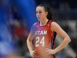 (Francisco Kjolseth | The Salt Lake Tribune) Utah Utes guard Kennady McQueen (24) gets ready to shoot a free throw against BYU at the Marriott Center in Provo, on Saturday, Dec. 10, 2022.